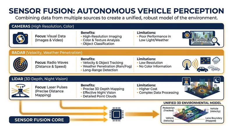 No single sensor is perfect. Sensor fusion layers different technologies to cover each other's blind spots.
