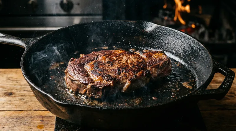 Cast iron's massive thermal retention prevents the pan's temperature from dropping when cold meat is added, ensuring a perfect sear.