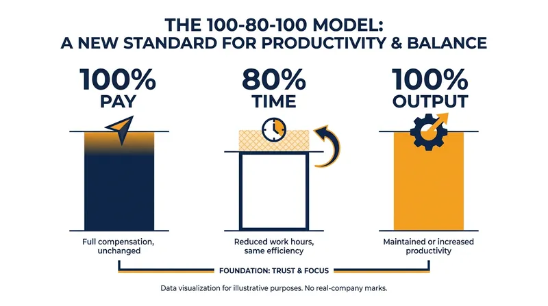 The 100-80-100 model requires employees to maintain their full output in exchange for a compressed schedule and full compensation.
