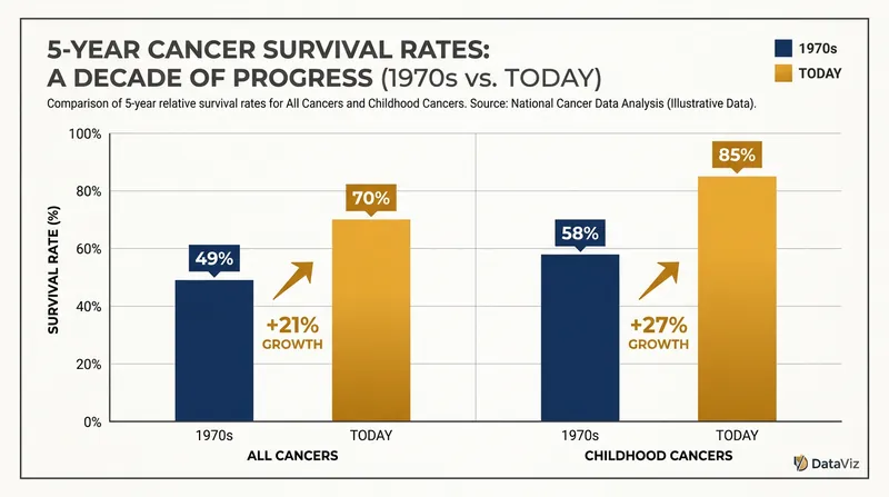 Five-year relative survival rates have seen dramatic improvements across nearly all demographics over the past five decades.