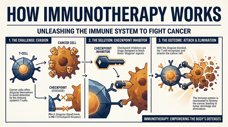 Mechanism of action: Checkpoint inhibitors remove the molecular disguise that cancer cells use to hide from the immune system.