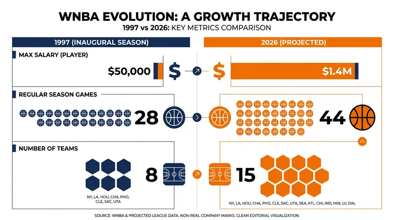 The WNBA has seen exponential growth in salaries, schedule length, and franchise count over 30 seasons.
