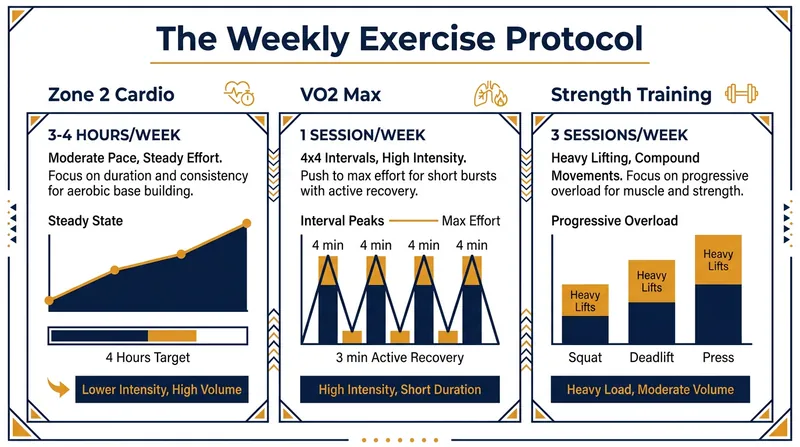 A balanced weekly exercise routine targets aerobic efficiency, peak oxygen uptake, and muscle preservation.