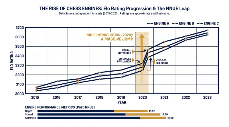 The integration of NNUE technology caused an immediate and unprecedented spike in engine playing strength.