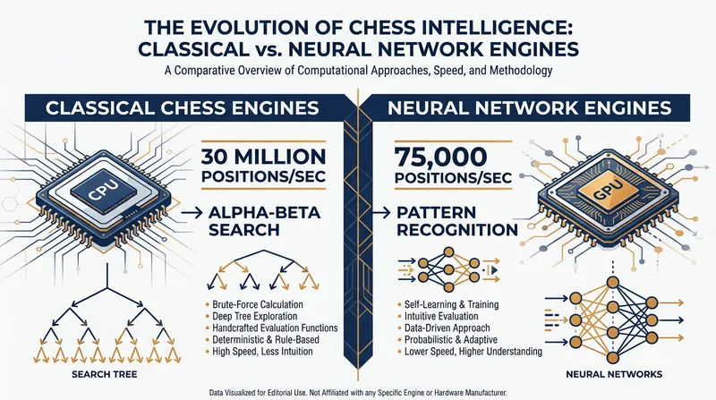 The fundamental difference in how classical engines and pure neural networks evaluate a chess position.