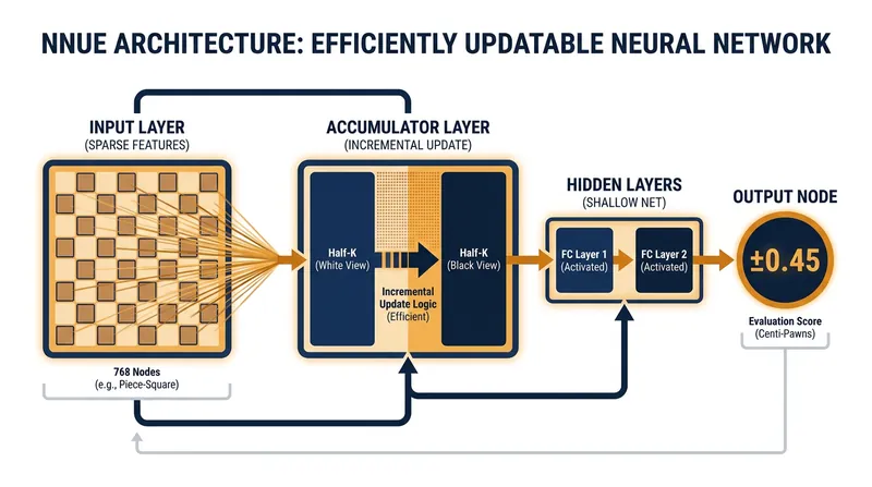 The NNUE architecture allows engines to update their evaluation of a position instantly without recalculating the entire board.