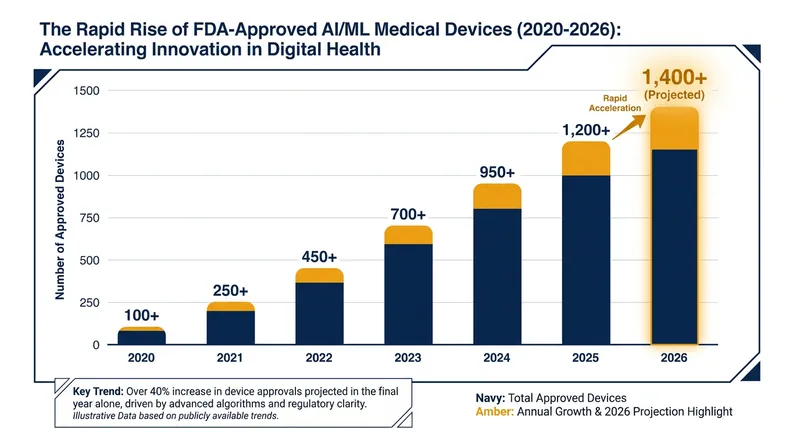 The FDA has cleared over 1,400 AI-enabled medical devices, with a heavy concentration in radiology and cardiology.