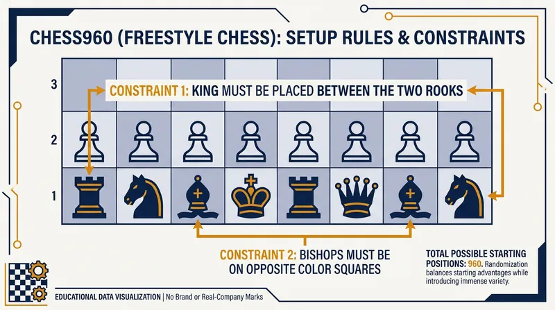 The two core constraints of Freestyle Chess ensure the game remains balanced and castling is still possible.