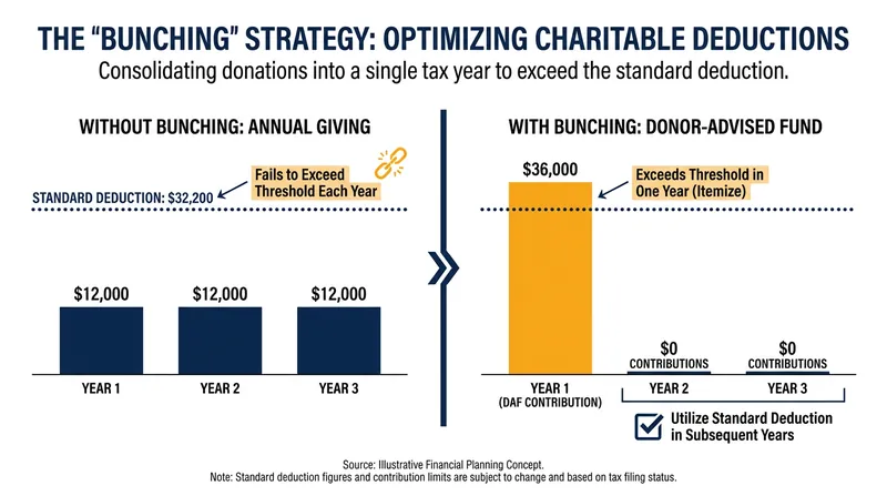 Bunching multiple years of giving into a single tax year allows retirees to surpass the standard deduction and itemize.