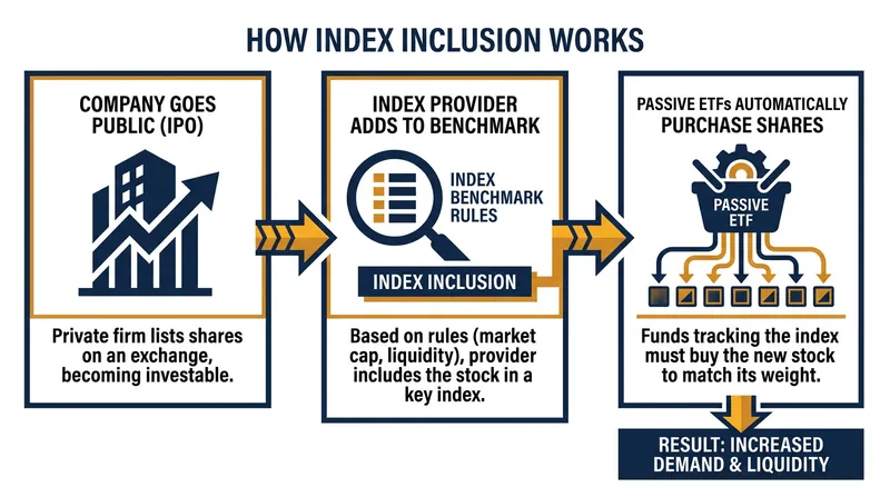 When a stock enters an index, passive funds are forced to buy it regardless of price.