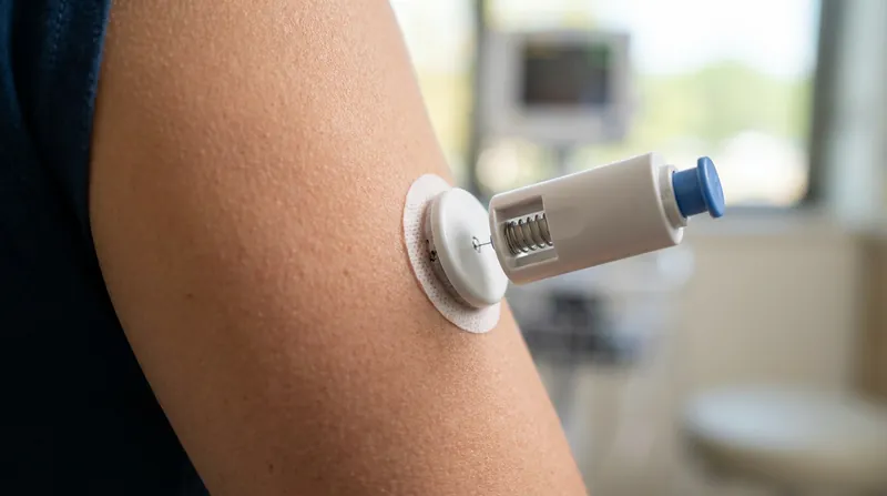 The sensor uses a tiny, flexible filament that sits just beneath the skin to measure interstitial fluid.