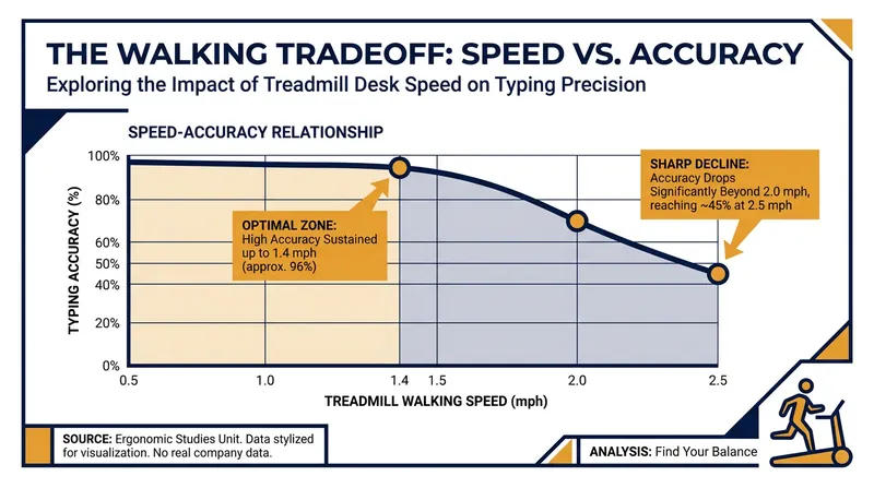 Research indicates that typing accuracy and cognitive focus decline rapidly at walking speeds above 1.5 mph.