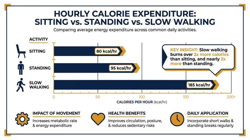 Slow walking on a treadmill desk increases energy expenditure by roughly 105 kilocalories per hour compared to sitting.