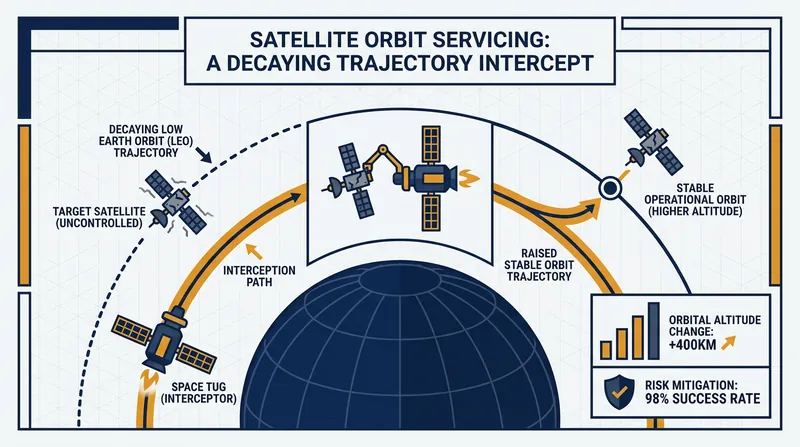 How a space tug intercepts and raises the orbit of a decaying satellite.