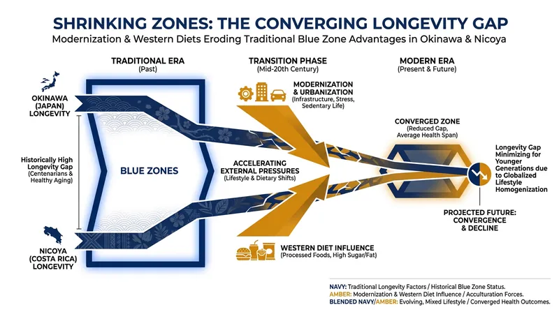 As younger generations in Blue Zones adopt modern, sedentary lifestyles, their mortality rates are converging with national averages.