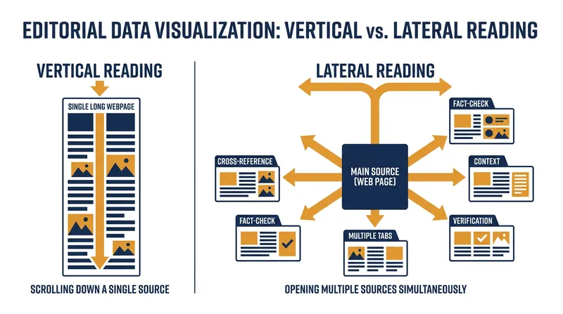 Lateral reading involves opening new tabs to verify a source, rather than scrolling vertically down a single page.