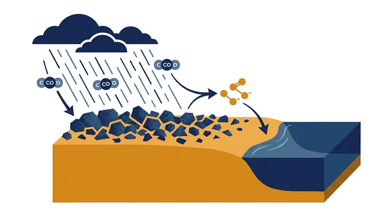 The ERW mechanism: Rainwater absorbs atmospheric CO2, reacts with crushed silicate rocks in the soil, and washes the resulting carbon into the ocean as stable bicarbonates.