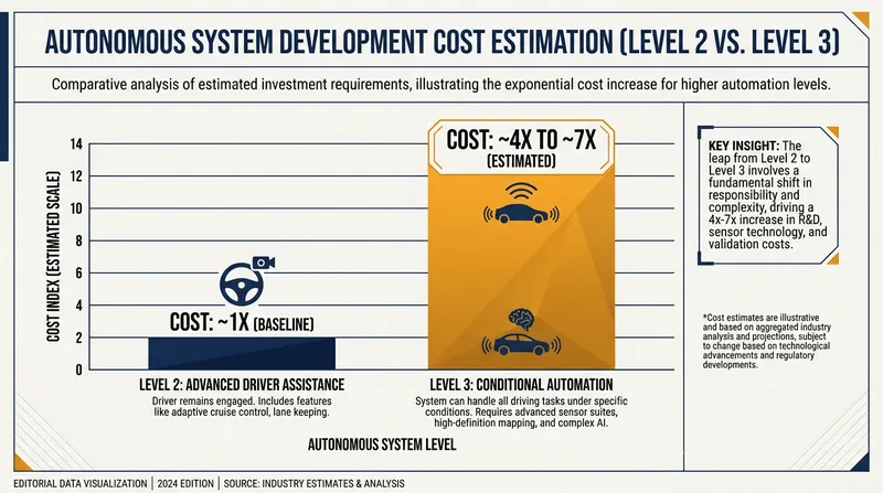 The financial leap to Level 3 autonomy requires significantly higher investment in software validation and redundant hardware.