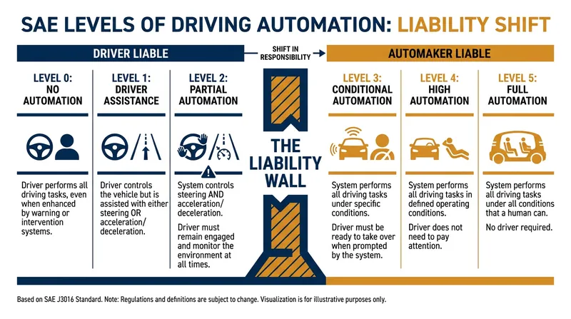 The crucial difference between Level 2 and Level 3 is the shift in legal liability from the driver to the manufacturer.