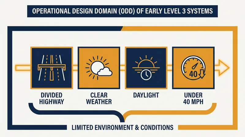 Early Level 3 systems are restricted by their Operational Design Domain, limiting their use to specific, highly controlled scenarios.