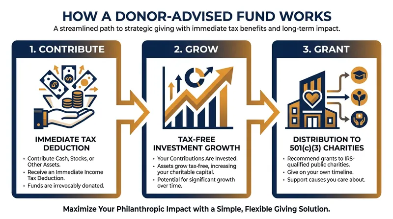 The three-step mechanism that allows DAFs to maximize the impact of charitable contributions.