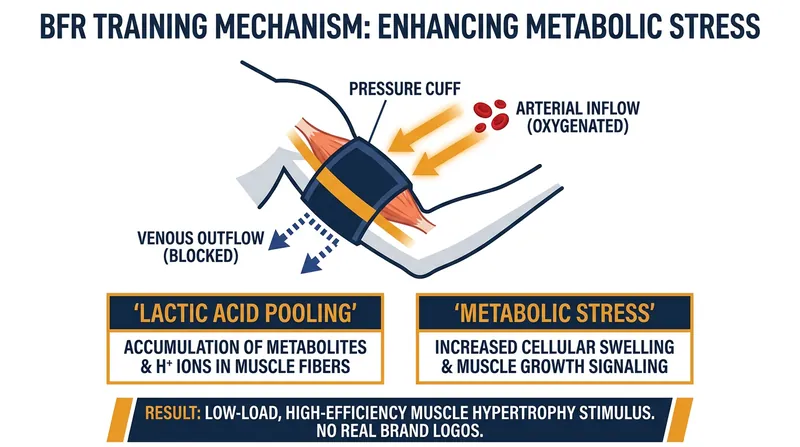 BFR restricts venous outflow while maintaining arterial inflow, creating a hypoxic environment that drives metabolic stress.
