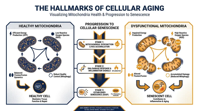 Mitochondrial dysfunction and cellular senescence are two of the primary biological drivers of physical decline.