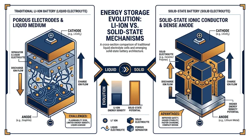 Solid-state batteries replace flammable liquid electrolytes with a solid conductive material, promising higher density and safety.