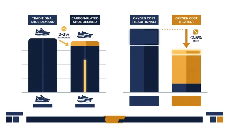 Meta-analyses show that carbon-plated footwear reduces metabolic demand by roughly 2% to 3% across various runner profiles.