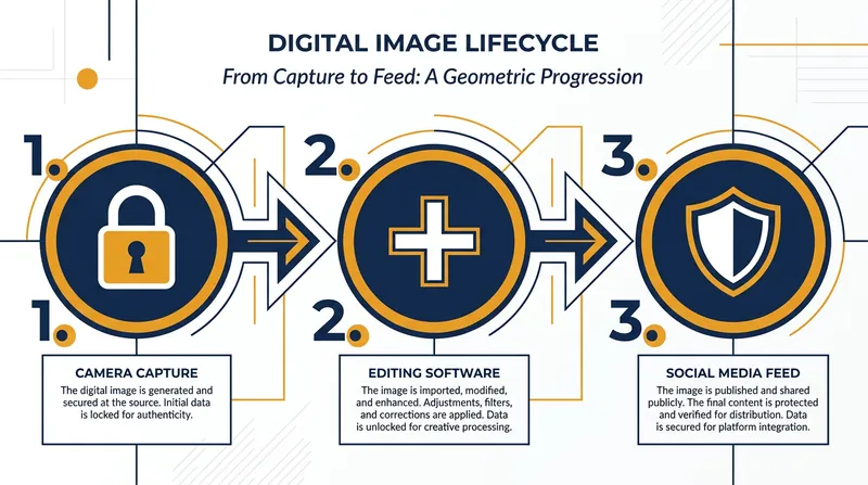 The cryptographic chain of custody tracks a file from the camera sensor to the social media feed.
