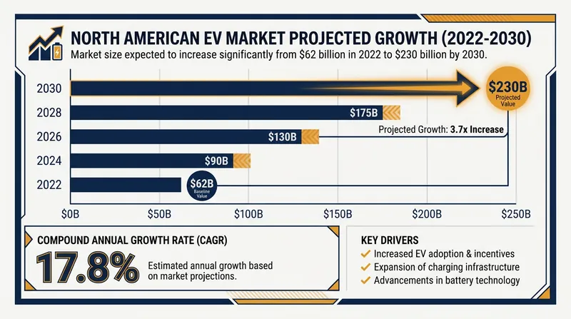 The North American electric vehicle market is projected to nearly quadruple in value by the end of the decade.