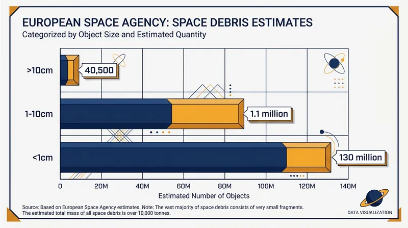 Estimated number of space debris objects currently in orbit, categorized by size.