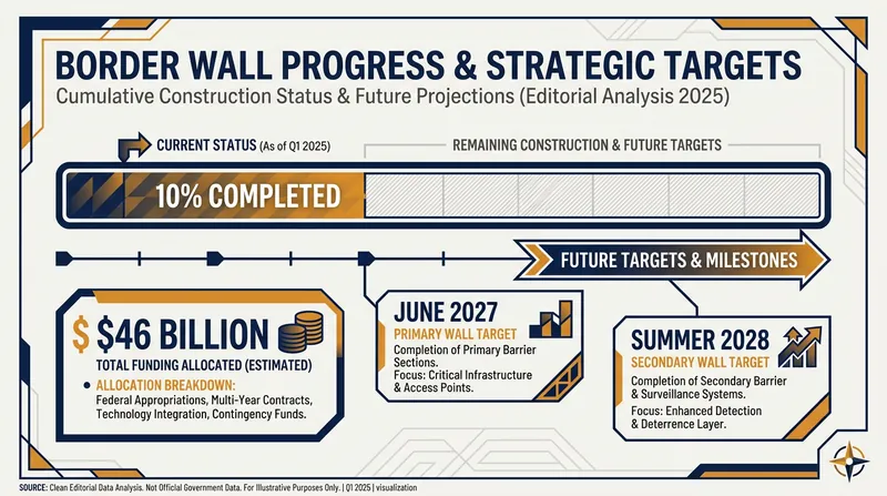 DHS targets June 2027 for the primary wall's completion, fueled by a $46 billion congressional appropriation.