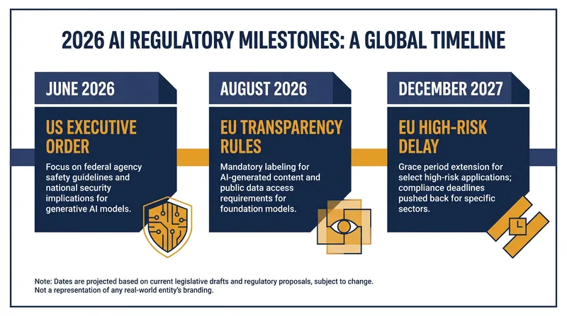 Key milestones in the shifting 2026 AI regulatory timeline.