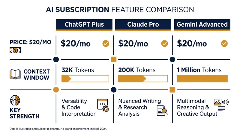 A breakdown of the core features offered by the three major $20/month AI subscriptions.
