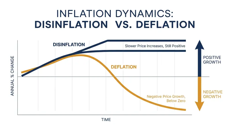 Disinflation means prices rise more slowly, whereas deflation means prices actually fall.