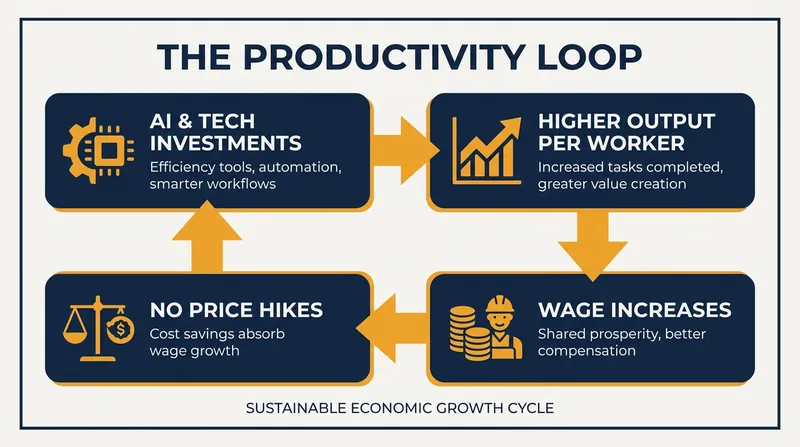 Productivity gains allow companies to raise wages without passing higher costs onto consumers.