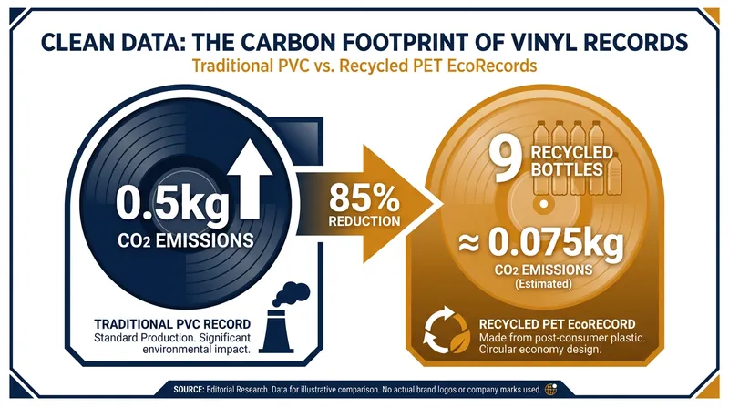Recycled PET records drastically reduce the carbon emissions associated with physical music production.