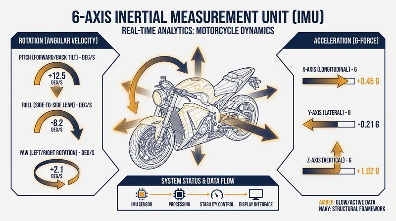 An IMU measures a motorcycle's exact position in space hundreds of times per second across six distinct axes.