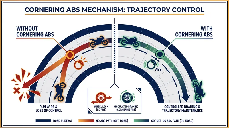 Unlike standard ABS, Cornering ABS modulates brake pressure based on lean angle, preventing the bike from standing up and running wide.