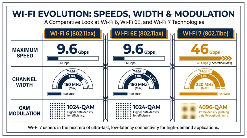 Wi-Fi 7 introduces massive upgrades to channel width and data modulation.