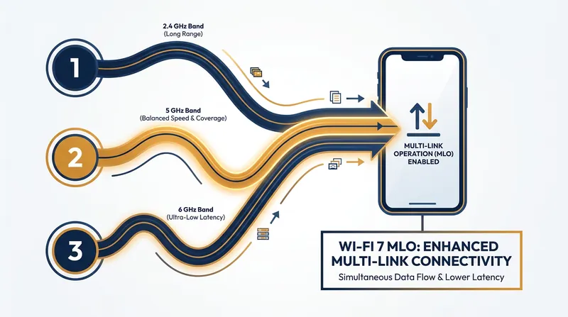 Multi-Link Operation allows devices to pool bandwidth across multiple frequency bands simultaneously.