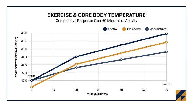 Pre-cooling creates a 'heat sink' by lowering starting temperature, while acclimatization slows the rate of heat accumulation.