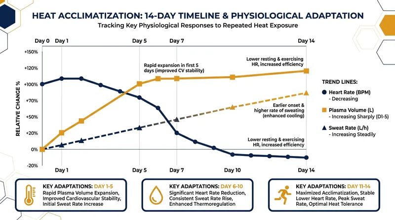 The biological adaptations of heat acclimatization occur in a specific sequence over two weeks.