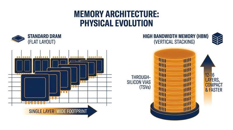 How HBM architecture differs from traditional flat memory layouts.