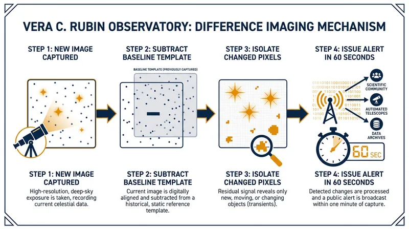 How the Rubin Observatory detects transient events by comparing new images to a baseline template.