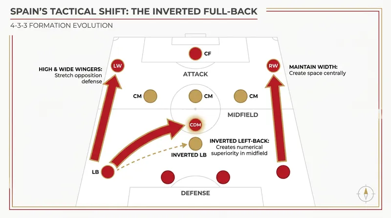 Spain's asymmetrical shape in possession, featuring an inverted left-back and high, wide wingers.