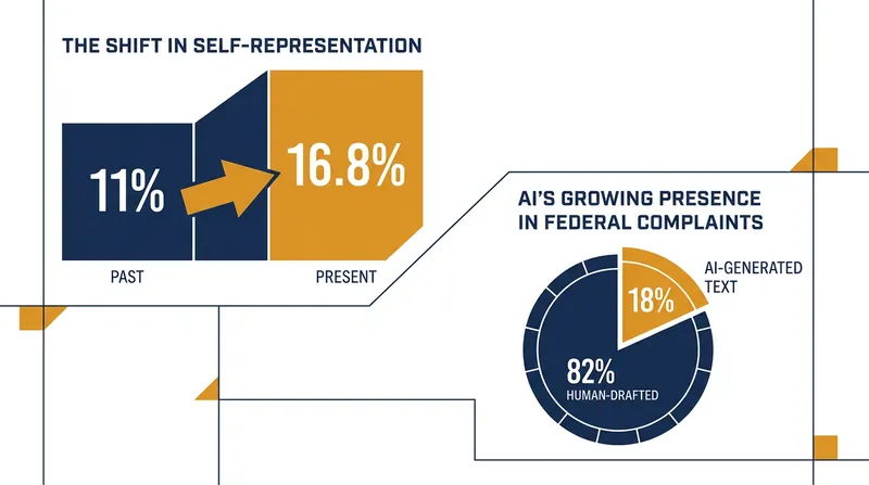 The share of self-represented federal civil cases has surged alongside the adoption of AI legal tools.