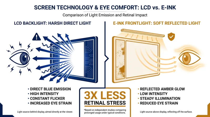 Unlike LCD screens that shine light directly into the eye, e-ink devices reflect ambient light or use surface-level front lights.