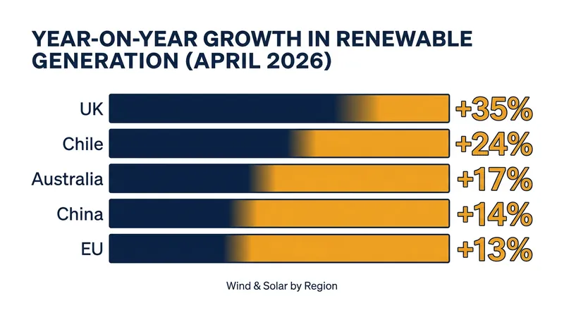 Year-on-year renewable generation growth across major global markets in April 2026.